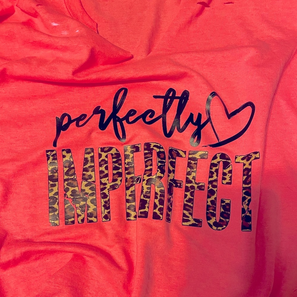 NWT Pink with Cheetah Writing “Perfectly Imperfect” heart and distressed look